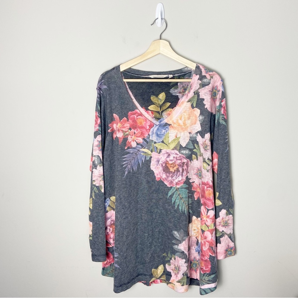 Soft Surroundings Charcoal V-Neck Floral Tunic with Pink & Peach Blooms, XL